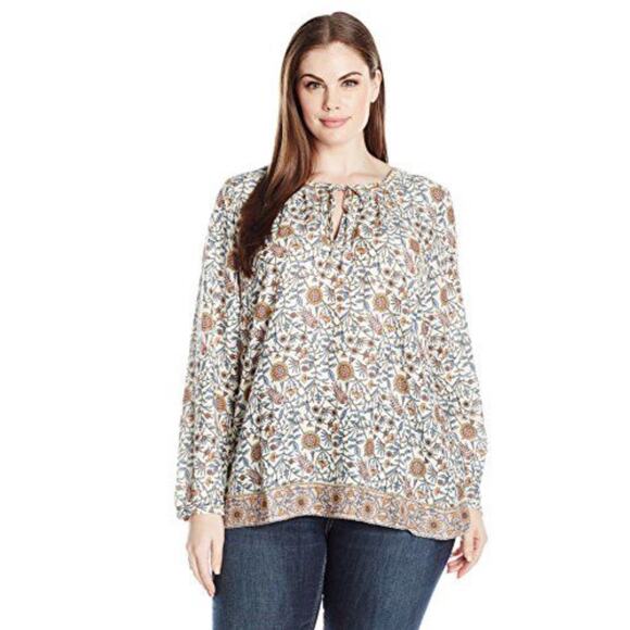 NWOT LUCKY BRAND Top XS Floral Gold Stripe Bow Tie Long Sleeve - Picture 1 of 8